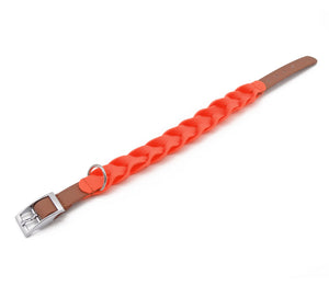 Robustes Halsband in Flecht Optik - Neon Orange / Cognac