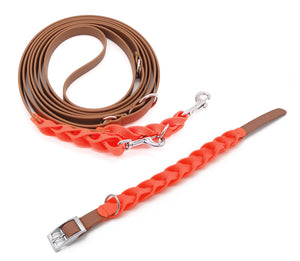 Robustes Halsband in Flecht Optik - Neon Orange / Cognac