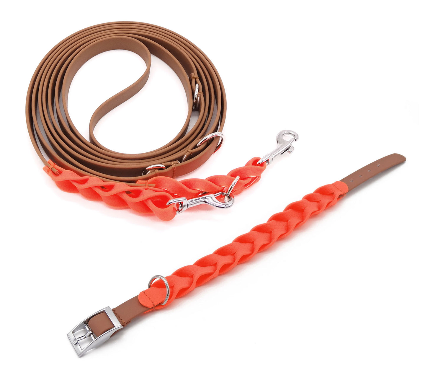 Robustes Halsband in Flecht Optik - Neon Orange / Cognac